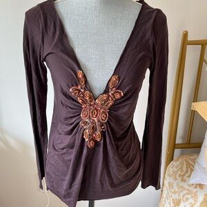 VELVET Brand Beaded Boho Brown Long Sleeve Top small